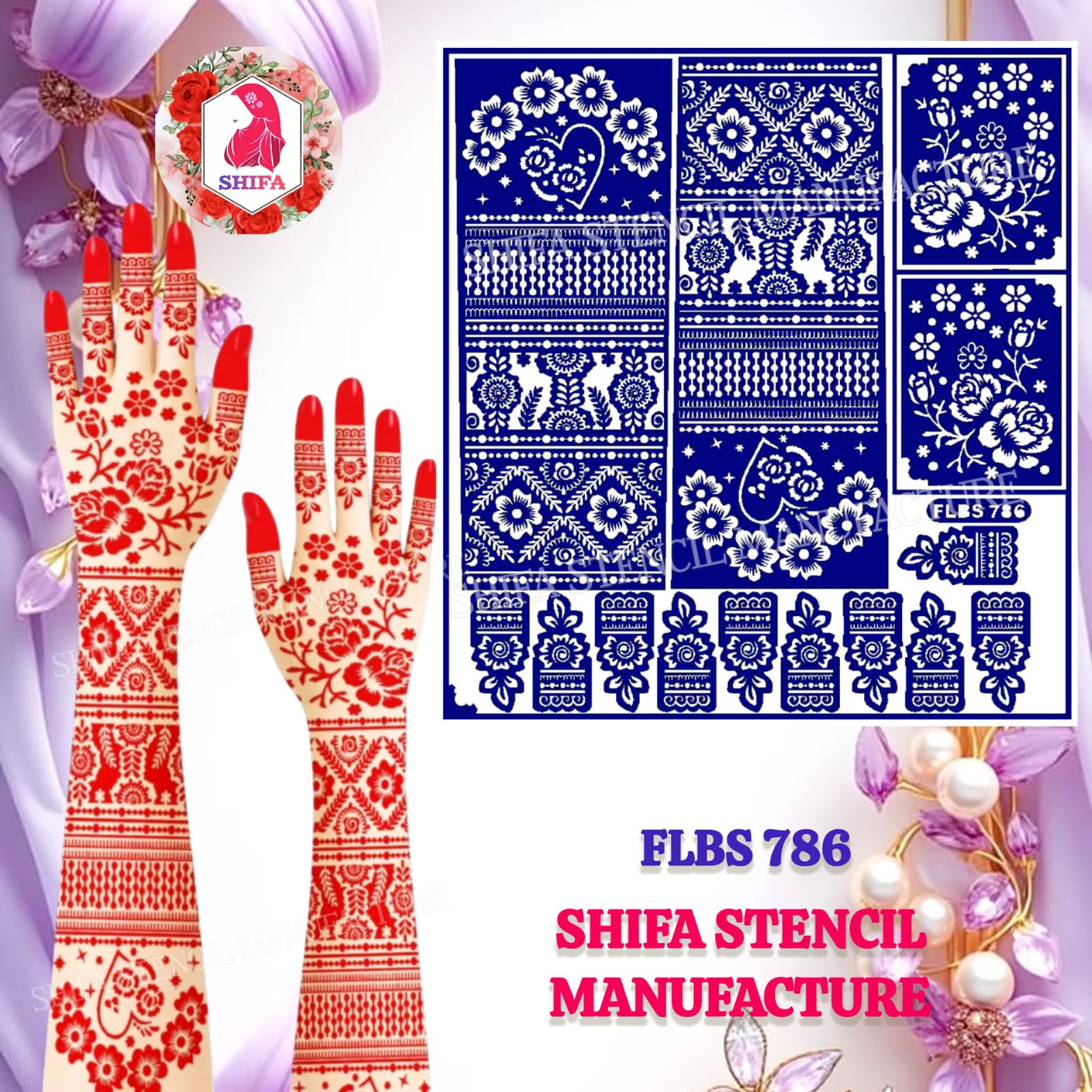 FLBS 786 Floral Mehndi Stencil Sticker Overview Henna Stencil - Shifa Stencil